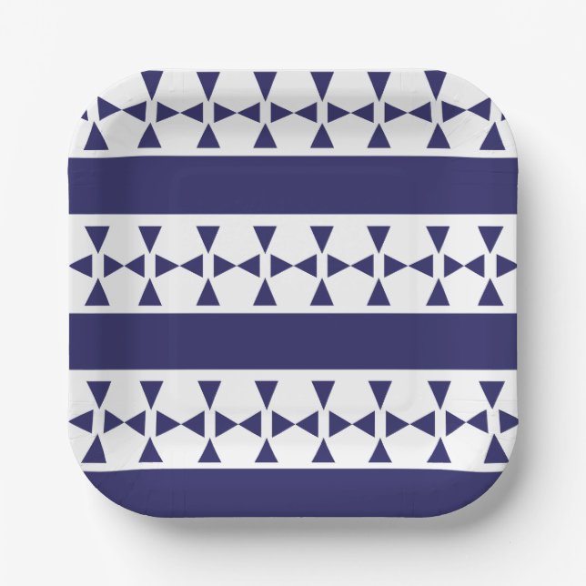 Blue Triangle Stripes Pattern Birthday Paper Plate (Front)