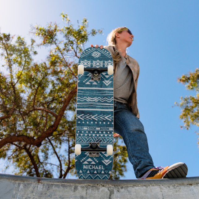 Blue Tribal Abstract Geometric Pattern Custom Name Skateboard (Outdoor 1)