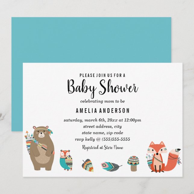 Blue Tribal Animal Baby Shower Invitation (Front/Back)