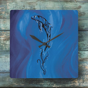 Blue Tribal Dolphin Square Wall Clock