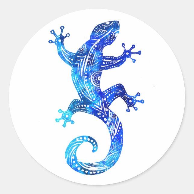 Blue Tribal Gecko Classic Round Sticker (Front)