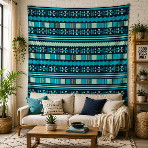 Blue Tribal Geometric Pattern Boho Wall Tapestry