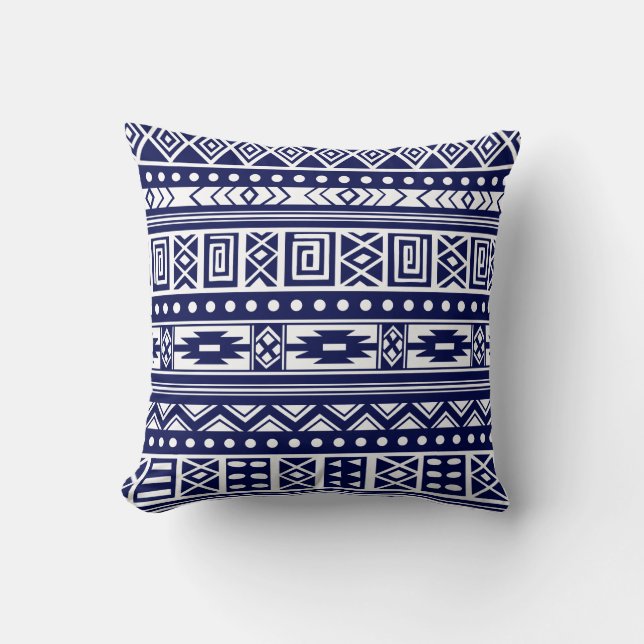 Blue Tribal Geometric Pattern Cushion (Front)