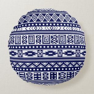 Blue Tribal Geometric Pattern Round Cushion