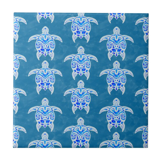 Blue Tribal Honu Sea Turtles Tile (Front)