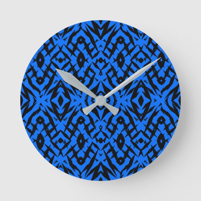 Blue tribal shapes pattern round clock (Front)