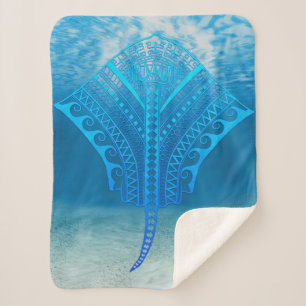 Blue Tribal Stingray Sherpa Blanket