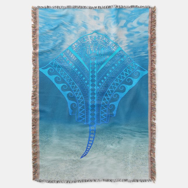 Blue Tribal Stingray Throw Blanket (Front Vertical)