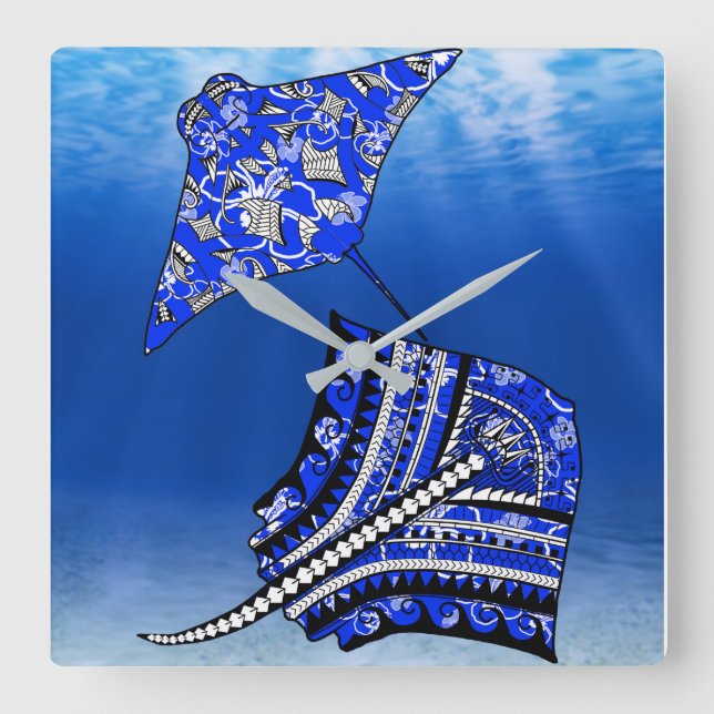 Blue Tribal Stingrays Square Wall Clock (Front)