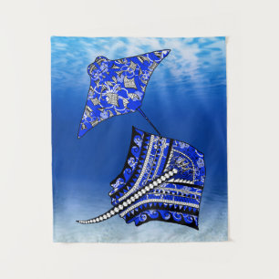 Blue Tribal Stingrays Tapestry