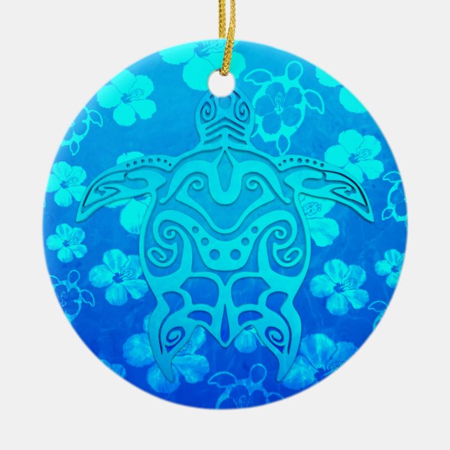 Blue Tribal Turtle Ceramic Tree Decoration (Front)