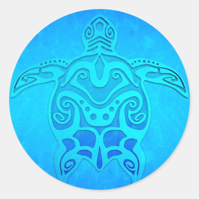 Blue Tribal Turtle Classic Round Sticker (Front)