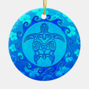 Blue Tribal Turtle Sun Ceramic Tree Decoration
