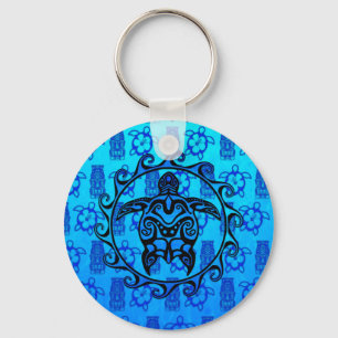 Blue Tribal Turtle Sun Key Ring