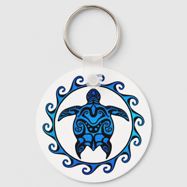 Blue Tribal Turtle Sun Key Ring (Front)