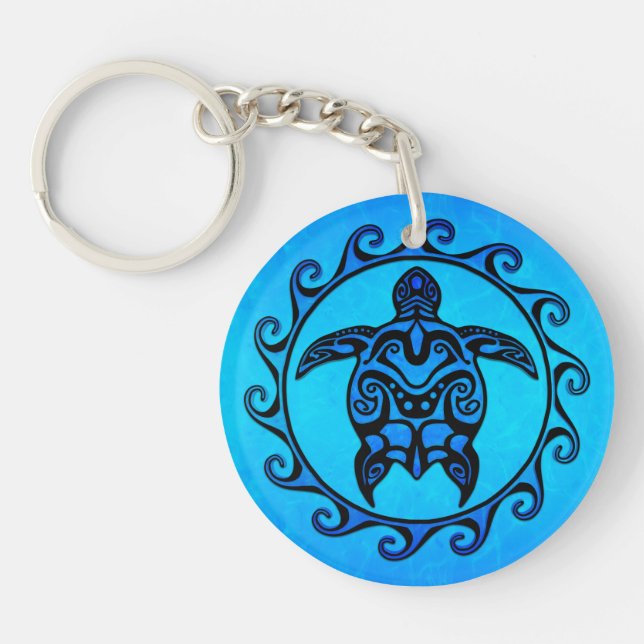 Blue Tribal Turtle Sun Key Ring (Front)