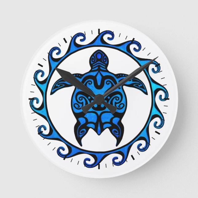Blue Tribal Turtle Sun Round Clock (Front)