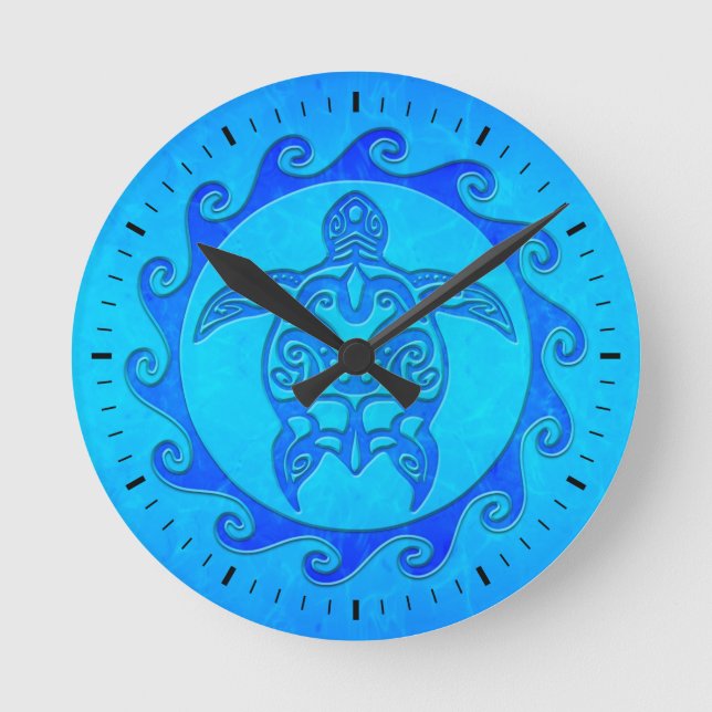 Blue Tribal Turtle Sun Round Clock (Front)