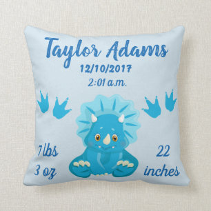 Blue Triceratops Dinosaur Birth Stats Nursery Cushion