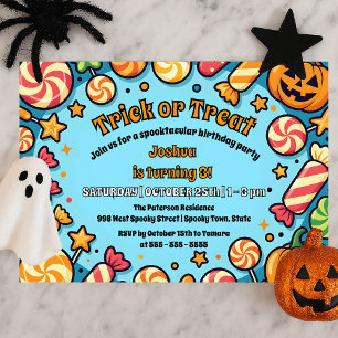 Blue Trick or Treat Candy Kids October Birthday Invitation