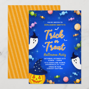 Blue Trick or Treat Kids Halloween Party Invitation