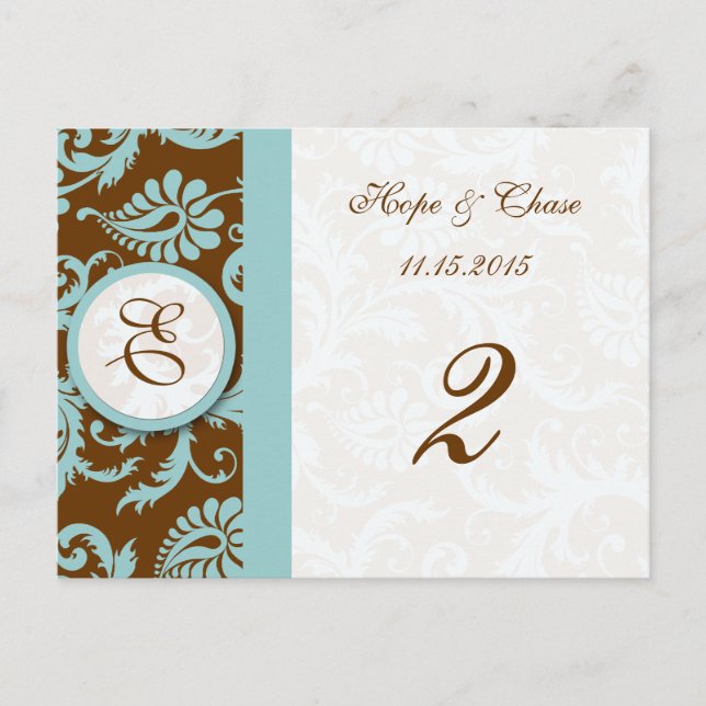 Blue Trim Damask Swirls Table Number Cards (Front)