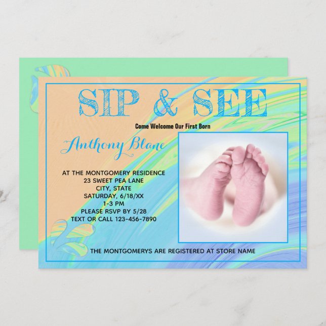 Blue Trim Pastel Abstract Sip and See Custom Photo Invitation (Front/Back)