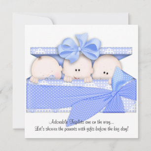 Blue Triplet Baby Shower Invitation Announcement