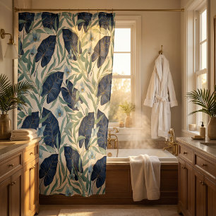 Blue Tropical Botanical Leaf Pattern – Elegant Shower Curtain
