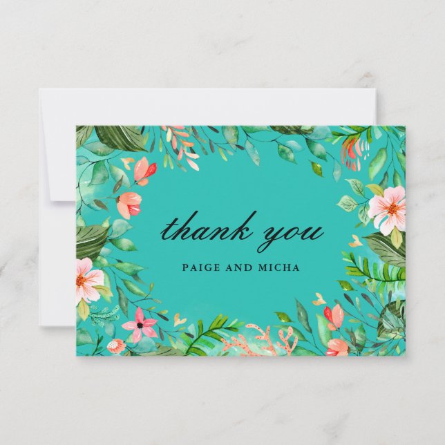 Blue Tropical Botanical Wedding Thank You Card (Front)