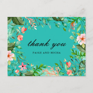 Blue Tropical Botanical Wedding Thank You Postcard