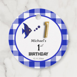 Blue Tropical Fish Blue Gingham 1st Birthday Favour Tags