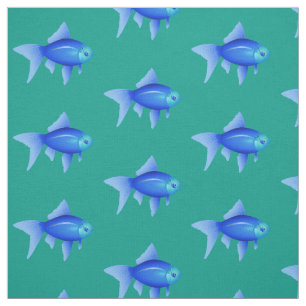 Blue Tropical Fish Pattern on Aqua Fabric