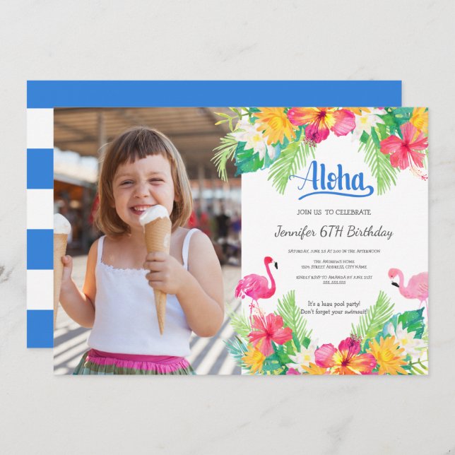Blue | Tropical Flamingo Luau  Photo Birthday Invitation (Front/Back)