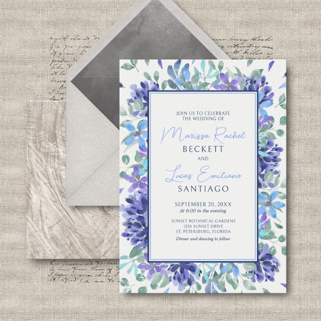 Blue Tropical Floral Wedding Invitation (Creator Uploaded)