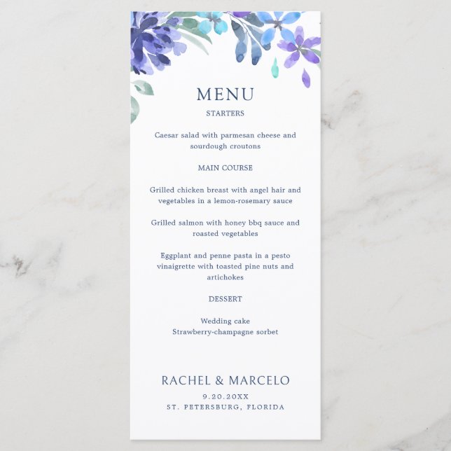 Blue Tropical Floral Wedding Menu (Front)