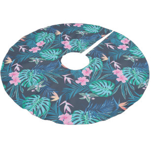 Blue Tropical Flower Garden Pattern Brushed Polyester Tree Skirt