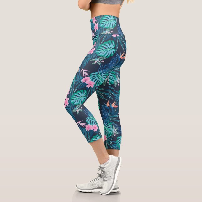 Blue Tropical Flower Garden Pattern Capri Leggings (Left)