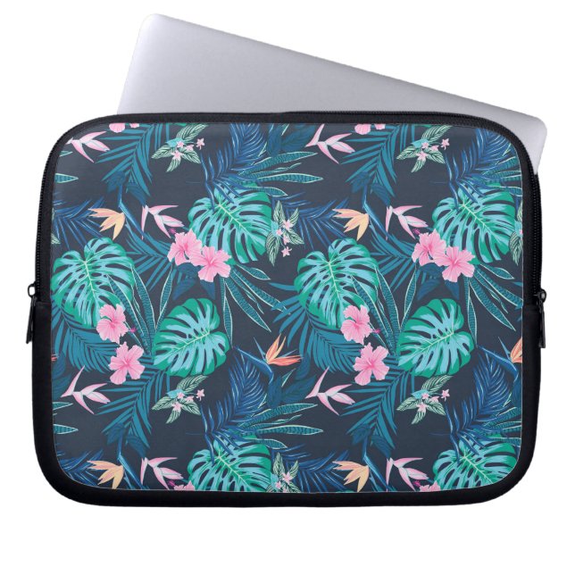 Blue Tropical Flower Garden Pattern Laptop Sleeve (Front)