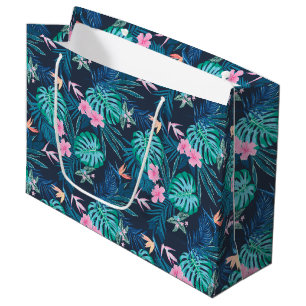 Blue Tropical Flower Garden Pattern Large Gift Bag