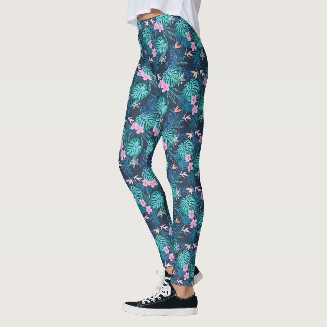 Blue Tropical Flower Garden Pattern Leggings (Left)
