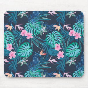 Blue Tropical Flower Garden Pattern Mouse Mat