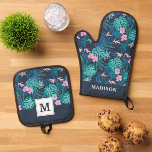 Blue Tropical Flower Garden Pattern Oven Mitt & Pot Holder Set