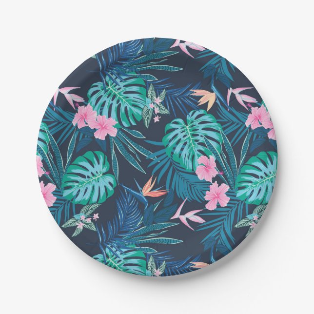 Blue Tropical Flower Garden Pattern Paper Plate (Front)