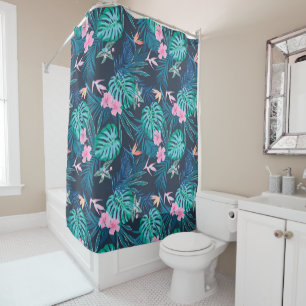 Blue Tropical Flower Garden Pattern Shower Curtain