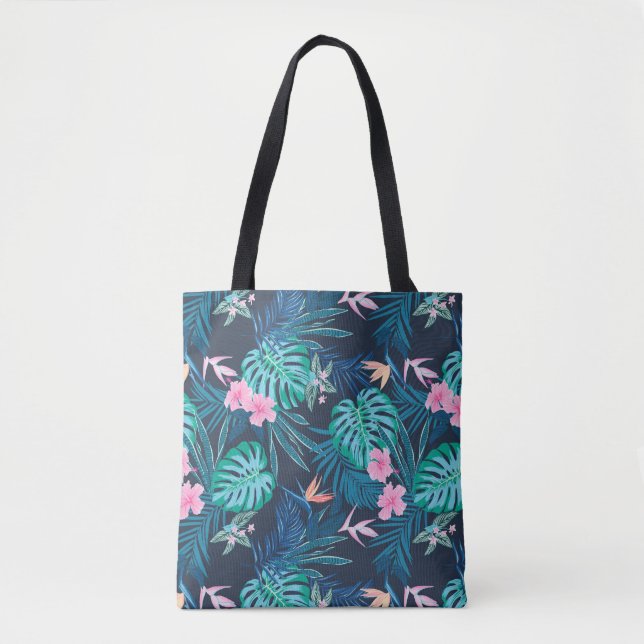 Blue Tropical Flower Garden Pattern Tote Bag (Front)