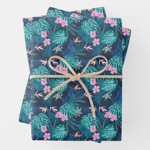 Blue Tropical Flower Garden Pattern Wrapping Paper Sheet