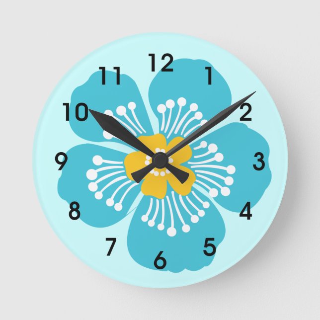 Blue Tropical Flower Round Clock (Front)