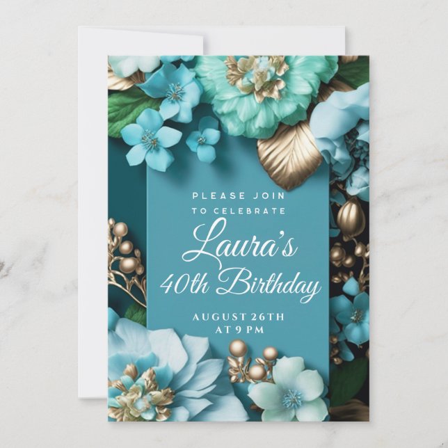 Blue tropical flowers golden glitter Birthday Invitation (Front)