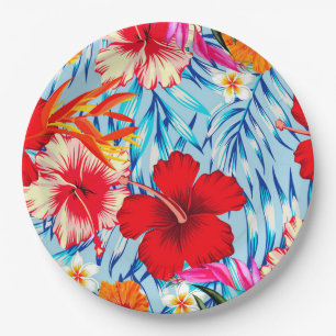Blue Tropical hibiscus flowers paper plates
